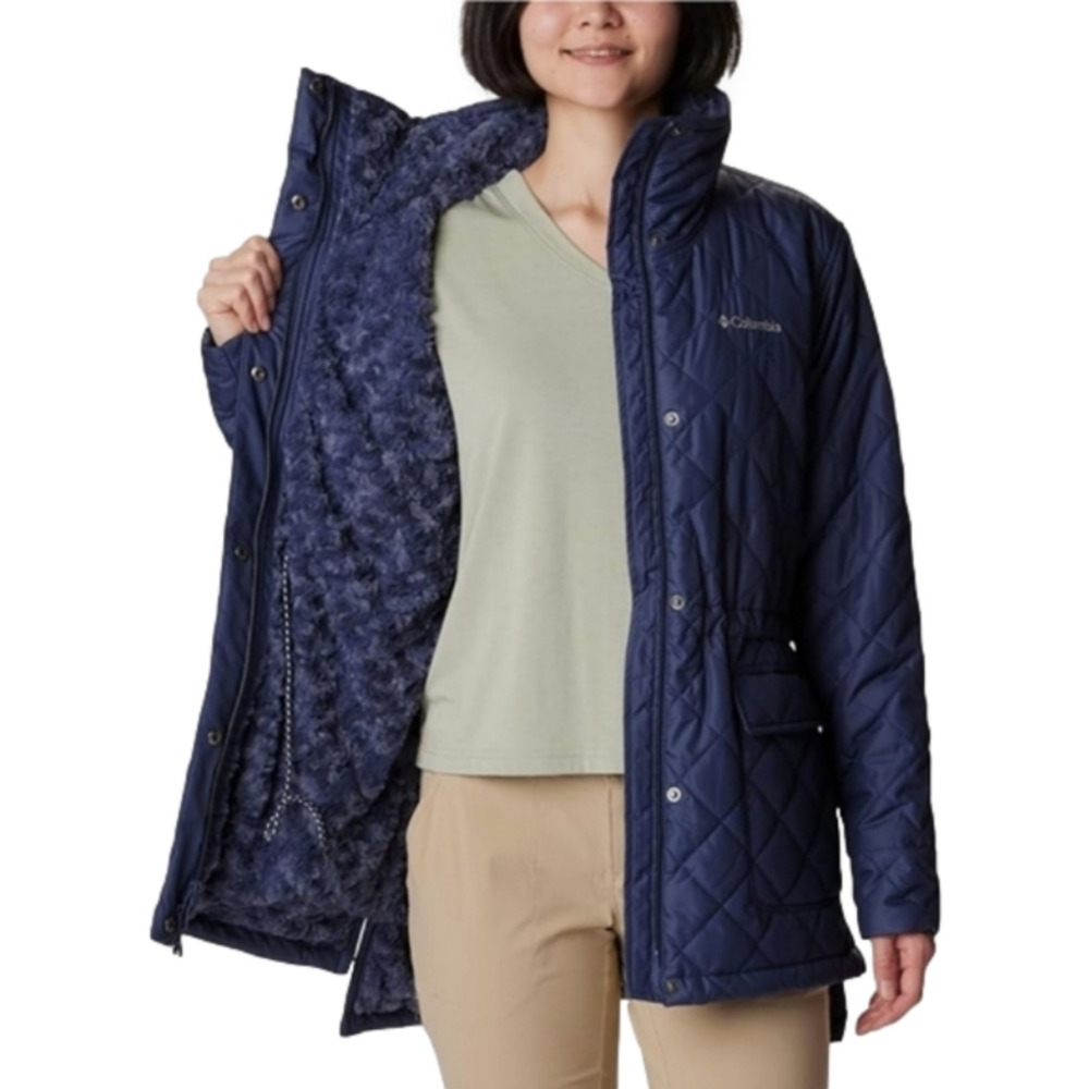 Columbia Women's Copper Crest Quilted Hooded Jacket Navy Blue Fleece Lined S